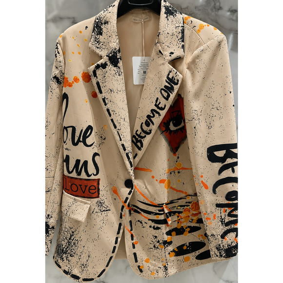 Loowie Jackets & Blazers - L913 Loowie Italian Beige Love Printed Blazer One Size